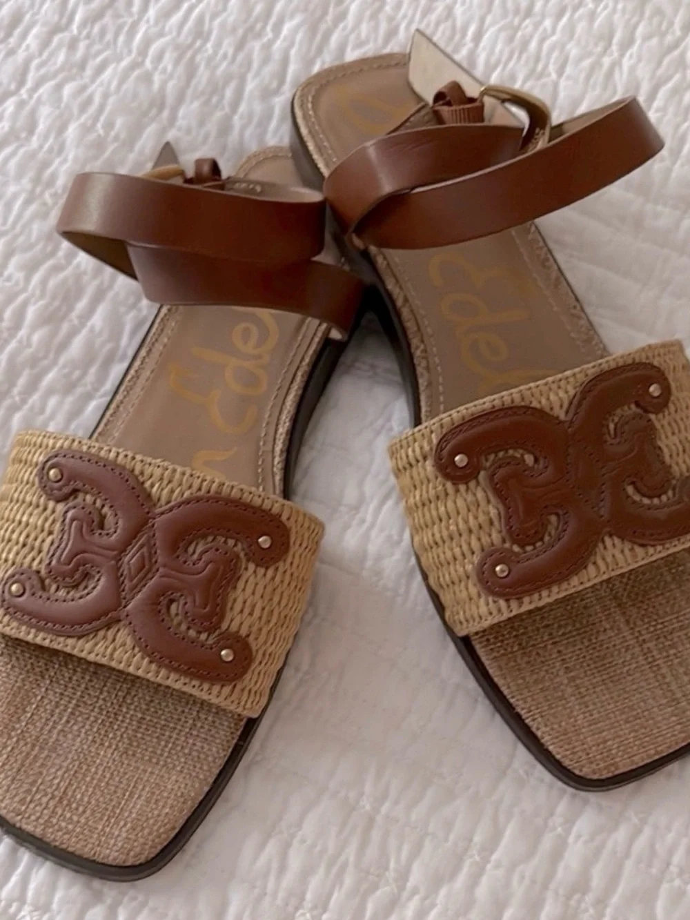 Woven Straw and Leather Ankle-Strap Sandals in Tan